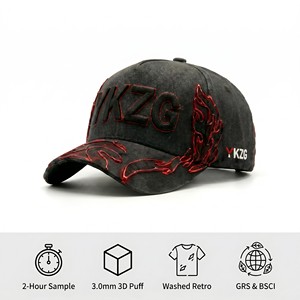 OEM/ODM Customizable 5-Panel 100% Cotton Baseball Caps Adjustable Custom Embroidery Flame Logo Red Satin Lining Baseball Hat - Product Image 1