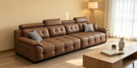 Canapé d'angle modulable en cuir véritable marron camel de qualité supérieure, capitonné, design moderne, multifonctionnel