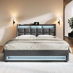 Cama de plataforma tapizada de tamaño completo con sistema de almacenamiento hidráulico, carga LED y USB - Product Image 6