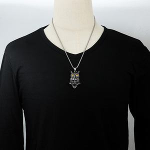 Colgante de búho de acero inoxidable con diseño de calavera, collar con cadena de ojos amarillos para hombres y mujeres, regalo de joyería de moda 1207 - Product Image 4
