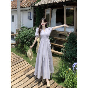 Vestido de Verano Estilo Francés con Cuello en V, Manga Corta, Cintura Alta, Corte A y Falda Larga para Mujer, Ligero e Informal - Product Image 3