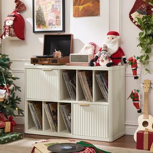 <span class=keywords><strong>Meuble</strong></span> multimédia stéréo moderne et large avec rangement en bois rainuré pour vinyles, <span class=keywords><strong>meuble</strong></span> d'appoint fonctionnel pour platine <span class=keywords><strong>vinyle</strong></span>, idéal pour les salons confortables - Product Image 1