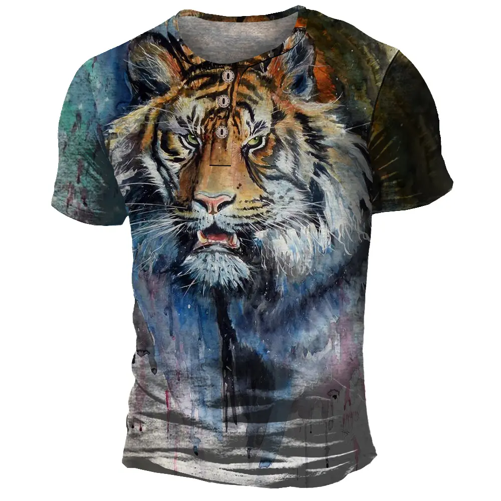 Verão 3D Impresso Tigre Gráfico dos homens Henley T-shirt Casual Street Style Mens Polo Camisas Disponíveis Em Roupas Personalizadas Dos Homens