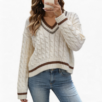 Pull court en maille torsadée marron à col en V, avec rayures et strass, épaules tombantes, design personnalisé pour femme