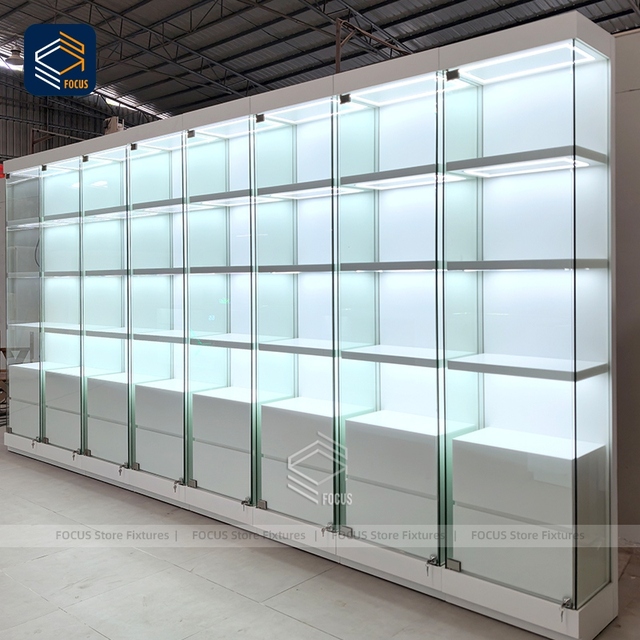 Custom Retail Store Fixtures White Glass Display Showcase LED Lighting Full Vision Retail Display Cabinet
