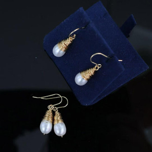 wholesale Handmade Spiral Wire Wrapped Teardrop Pearl Hook <b>Earrings</b> USA Imported 14K Gold Filled Natural Freshwater Pearl - Product Image 2