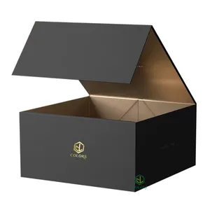 กล่องของขวัญแม่เหล็กพับได้กล่องของขวัญหรูหราพับได้พิมพ์โลโก้สีทองแบบแข็งสีดำ