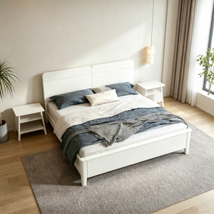 Minimalist Upholstered Soft Bed <b>Frame</b> Queen Size White Fabric Wood <b>Box</b> Spring Design - Product Image 1