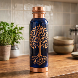 Bouteille d'eau artistique en cuivre avec motif Arbre de Vie bleu, gourde de voyage portable en métal avec couvercle - Product Image 1