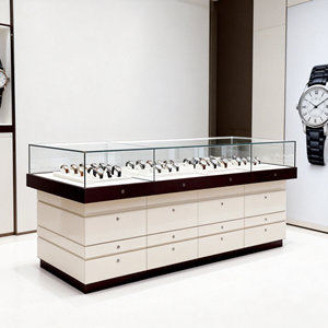 Espositore Moderno per Orologi Bianco Latte con Grandi Cassetti Portaoggetti, Vetrina per Gioielli, Arredamento per Boutique e Negozi al Dettaglio - Product Image 1