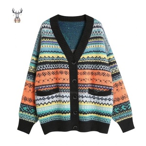 Nanteng Tùy Chỉnh Nhà Máy 100% Cotton Lỏng Cổ Điển Sọc Jacquard Mô Hình Dệt Kim Với Túi V Cổ Womens Cardigan Áo Len - Product Image 1