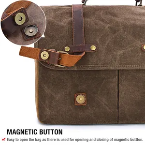 BSCI Custom 15.6 Inch Waterproof Vintage Genuine Leather Waxed Canvas Briefcase Large Satchel Shoulder Bag Mens Messenger Bag