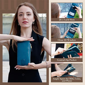 Portefeuille RFID pour femme, grande taille, portefeuille à rabat multi-cartes avec poche zippée, porte-cartes de crédit, pochette pour téléphone avec blocage NFC - Product Image 5