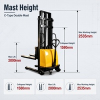 Gerbeur semi-électrique en gros 1500 kg, levée 2000 mm, mât repliable 1580 mm, fourches étroites/larges 560/685 mm, hauteur de levée 1150 mm, hauteur totale 88 mm