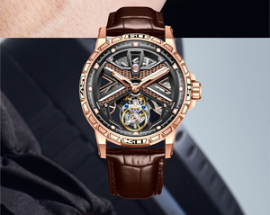 Montre AESOP Flying Tourbillon pour homme, bracelet en cuir noir, cadran squelette creux, montre mécanique de luxe étanche - Product Image 2