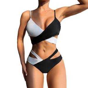 Conjunto de Bikini de Dos Piezas para Mujer 2024 con Estampado Blanco y Negro, Diseño Hueco Cruzado, Push-Up, Tanga y Relleno en el Pecho - Product Image 2