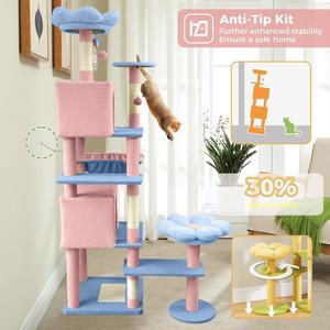 Blauw Hout Hoge Kat Boom Toren Milieuvriendelijke Afneembare Bloemkussens 2 Verbergende Appartementen Interactieve Krabpalen Indoor Katten - Product Image 3