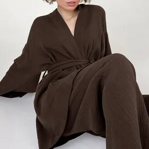 Custom Logo Women's Soft Linen Lace Up Crepe Pajamas Set