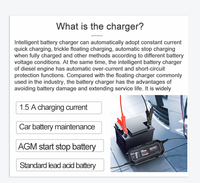 Chargeur intelligent 1,5 A pour batteries au lithium et batteries au plomb 12 V (auto et moto) avec réparation par impulsions et large plage de tension