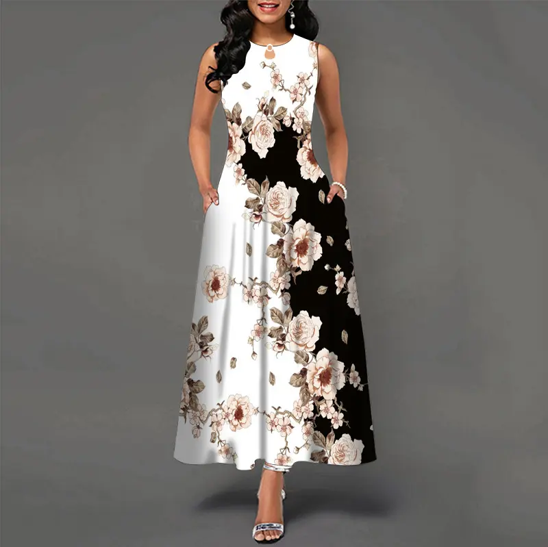 Bohemian Floral Printing Hollow Out Elegant For Women Large Swing Sexy High Waist Maxi Party Slim Tank Sleeveless Dress