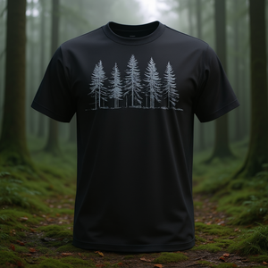 Camiseta promocional con silueta de árboles de pino del bosque escarchado - Product Image 3