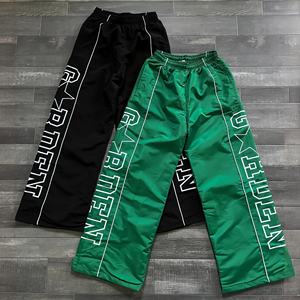 Naylon Trackpants yan çizgili Sweatpants hafif Baggy geniş bacak Jogger serigraf baskı erkekler hızlı kuru eşofman altları - Product Image 1
