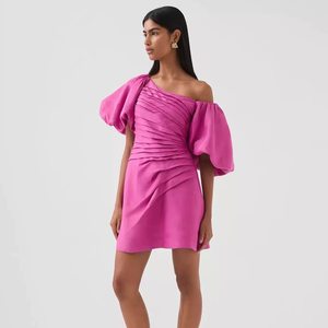 Vestido de Playa Romántico para Mujer, Verano, Elegante, Cuello Asimétrico, Manga Abullonada, Transpirable, Color Caramelo, Diseño Artesanal, Natural - Product Image 3