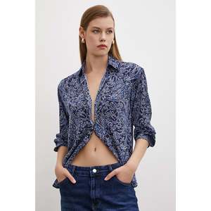 Camisa de Satén para Mujer, Estampado Floral, Azul Marino, Cierre de Botones, Uso Diario Informal - Product Image 6