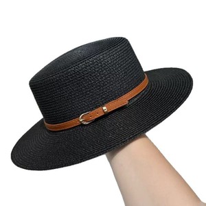 AIGEFMM Straw Wide Brim Flat Top Hat With Leather Belt Sun Protection Summer Beach Women's Retro Style - Product Image 5