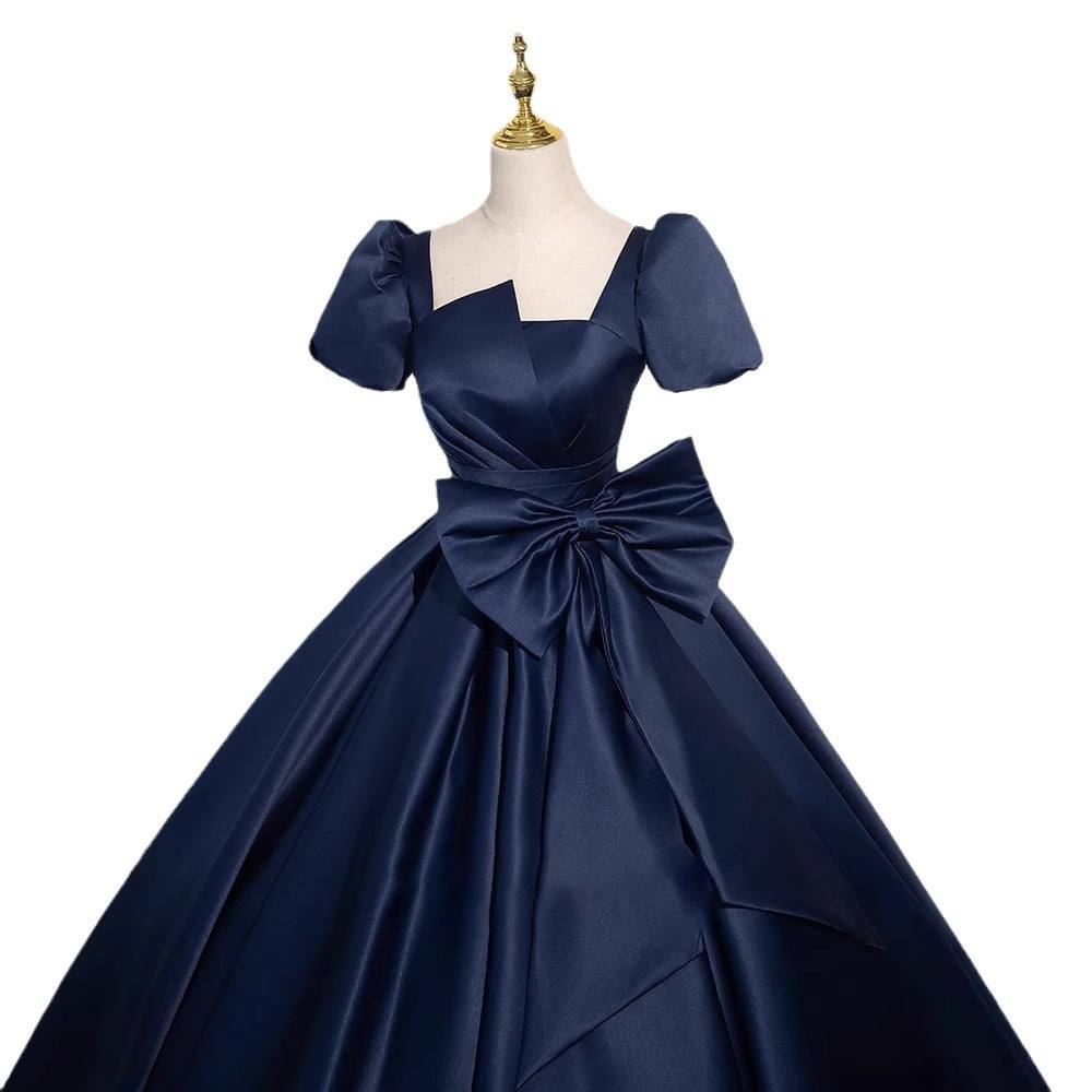 evening gown navy blue puff sleeves white star