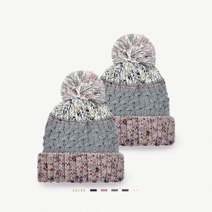 Women Thickened Plush <b>Fleece</b> Lined Wide Knitted <b>Beanie</b> Pom Pom Fur Balls Color Blocking Design Polyester/Cotton Fabric for - Product Image 1