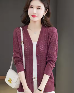 2025 Phụ nữ mùa đông áo khoác giản dị hiệu ứng sáng bóng mới lạ v-cổ pointelle lạ mắt đan tay áo dài Trung Quốc túi hiệu ứng sáng bóng - Product Image 4