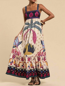 Vestido largo con tirantes finos y estampado de plantas Vintage, vestido informal sin mangas con hombros descubiertos para vacaciones, vestidos con dobladillo grande de verano para mujer - Product Image 2