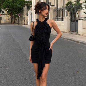 Elegante Vestido de Color Sólido con Volantes y Aberturas – Ropa Casual Sofisticada y Chic para Mujer para Fiestas - Product Image 4