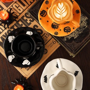Halloween Ceramic Coffee <strong>Cup</strong> and Saucer, Irregular Design Mug with Pumpkin Bat Pattern - Product Image 5