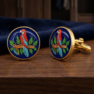 Mayrabygungun Jaipur Inspired Handcrafted Bird Brass <b>Cufflinks</b> | Exquisite Kingfisher Pink Blossom Design Unisex Birthday Party - Product Image 6