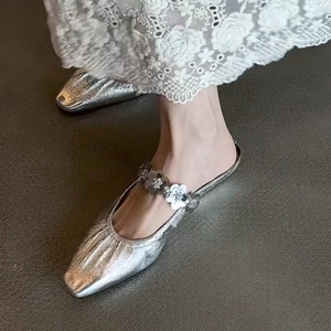 Summer Outdoor Silver Square <b>Toe</b> Ruched Sequins Flower Mule <b>Sandals</b> Elegant One Strap <b>Closed</b> <b>Toe</b> Slip On Heels - Product Image 2