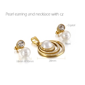 Popular Famous <b>Crystal</b> Round Stainless Steel Pearl Earring Necklace <b>Set</b> - Product Image 3