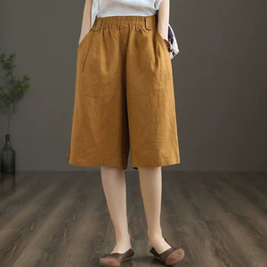 Cropped Casual Cotton Linen Wide Leg Pants Plus Size Women's Loose Fit Summer Style Ginger Yellow Black White Gray - Product Image 1