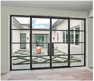Modern simple black metal frame wrought iron french double entrance doors