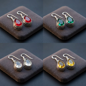 Vintage 925 Silver Pear Cut Crystal Drop <b>Earrings</b> For Women Everyday Wear Bezel Setting Water Drop Shape Green Blue Black Colors - Product Image 2