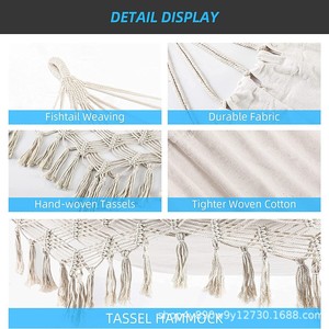 Hamac double Woqi en coton, style bohème avec pompons, portable, pour usage intérieur et extérieur, blanc, capacité de 226 lb - Product Image 4