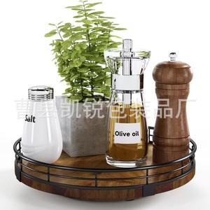 Wooden Round Rotating <b>Desktop</b> <b>Shelf</b> Iron Wood Kitchen Spice Bottle Rack Storage Tray Multifunctional - Product Image 1