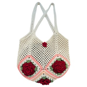 À la mode personnalisable 5-Rose Granny carré laine sac à main pour femmes fil de coton fermeture éclair plage pique-niques usage quotidien deux - Product Image 4