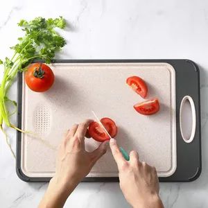 Grande planche à découper en paille de blé PP, planche à découper en plastique double face pour la cuisine, planche à découper en acier inoxydable 304 avec poignée - Product Image 4