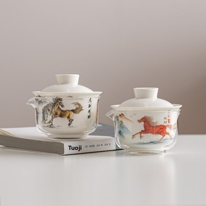 ชุดน้ำชาพกพาสำหรับเดินทาง ลายม้า ปีนักษัตร เหมาะสำหรับใช้ในรถยนต์ ชามมีฝาปิด ถ้วยชาเซรามิก ถ้วยสำหรับแขก ชุดกาน้ำชาหนึ่งใบ ถ้วยสามใบ - Product Image 3