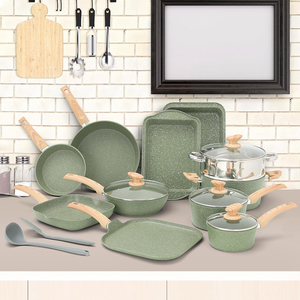 Ensemble de casseroles en céramique verte antiadhésive, compatible gaz et induction, avec couvercle en verre, résistant au lave-vaisselle et au four, poignée en bois douce au toucher - Product Image 3