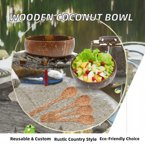 Ensemble de bols et de cuillères en coquille de noix de coco pour la charcuterie, le stockage de salades et le camping, écologique, fait à la main, poli, réutilisable - Product Image 2