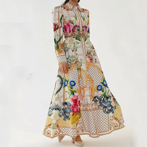 Robe longue <span class=keywords><strong>de</strong></span> luxe pour femme, imprimé floral baroque, col à revers, manches longues, coupe trapèze, avec <span class=keywords><strong>ceinture</strong></span>, idéale pour invitées <span class=keywords><strong>de</strong></span> mariage et occasions spéciales - Product Image 1