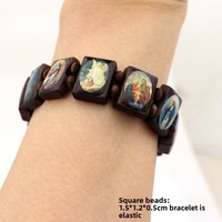 Bracelet personnalisable en bois extensible avec breloque catholique, design croix plaqué argent antique, perles de chapelet colorées
